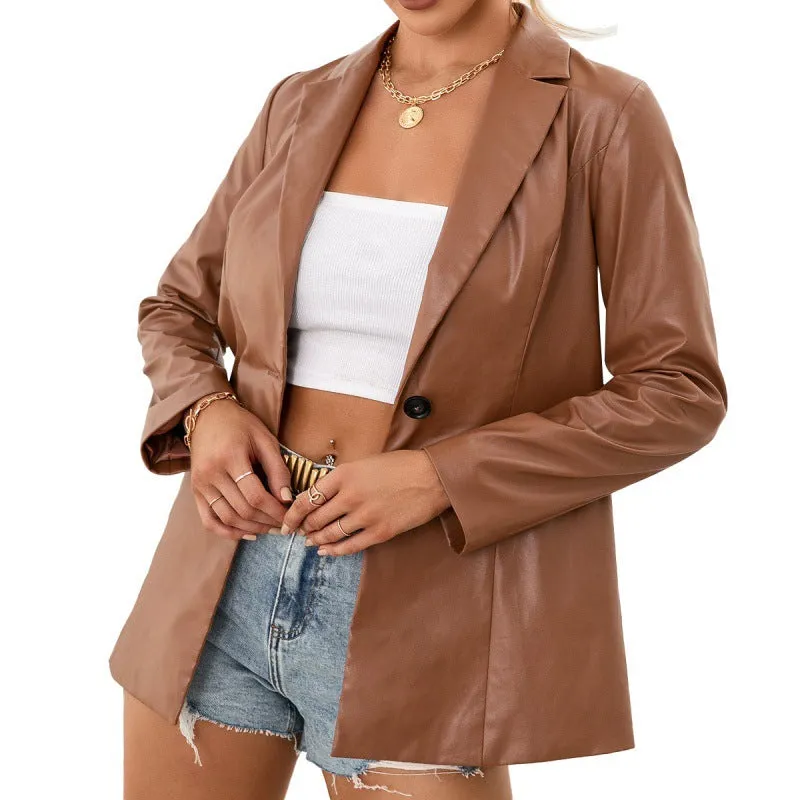 Cute Leather Jacket Mid-Length Slim-Fit Single-Breasted Trench Coat Solid Color PU Biker's Leather Jacket Top for Women