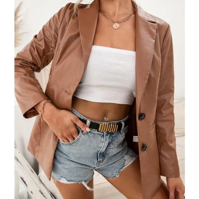 Cute Leather Jacket Mid-Length Slim-Fit Single-Breasted Trench Coat Solid Color PU Biker's Leather Jacket Top for Women