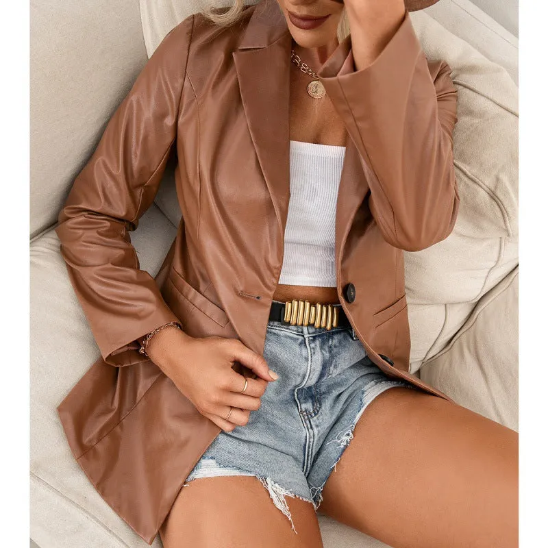 Cute Leather Jacket Mid-Length Slim-Fit Single-Breasted Trench Coat Solid Color PU Biker's Leather Jacket Top for Women