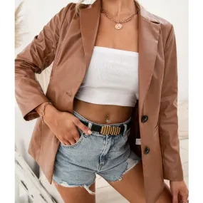 Cute Leather Jacket Mid-Length Slim-Fit Single-Breasted Trench Coat Solid Color PU Biker's Leather Jacket Top for Women