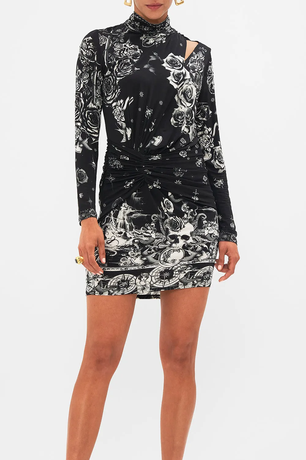 DRAPED ASYMMETRIC MINI JERSEY DRESS TALES OF TATTOO