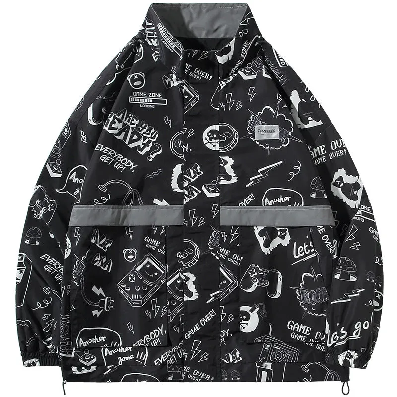 Grafitti Sweatshirts Autumn Graffiti Printing Men's Loose Zip Trench Coat Coat Jacket
