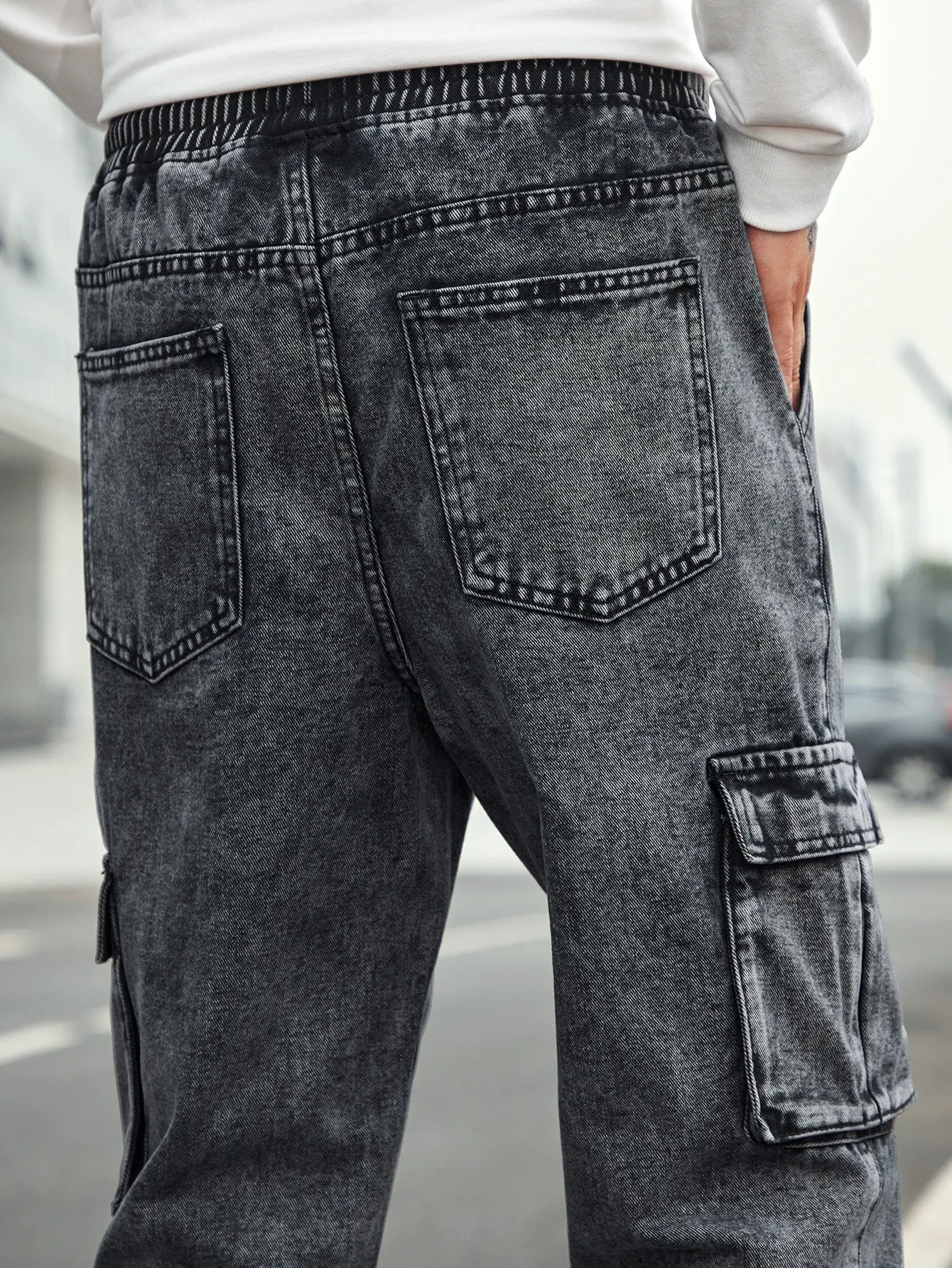 Men'S Drawstring Waist Cargo Denim Pants With Slanted Pockets