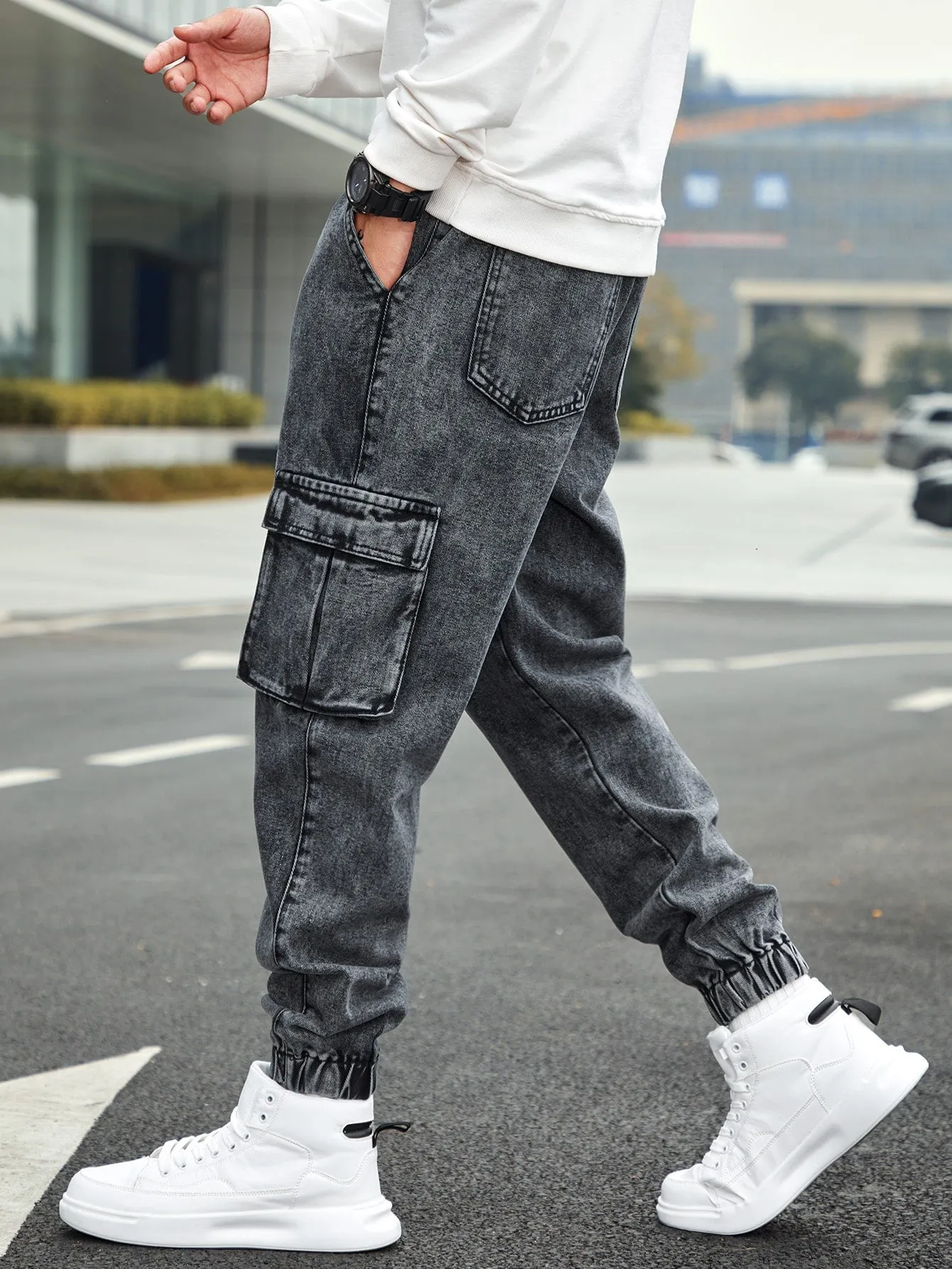 Men'S Drawstring Waist Cargo Denim Pants With Slanted Pockets