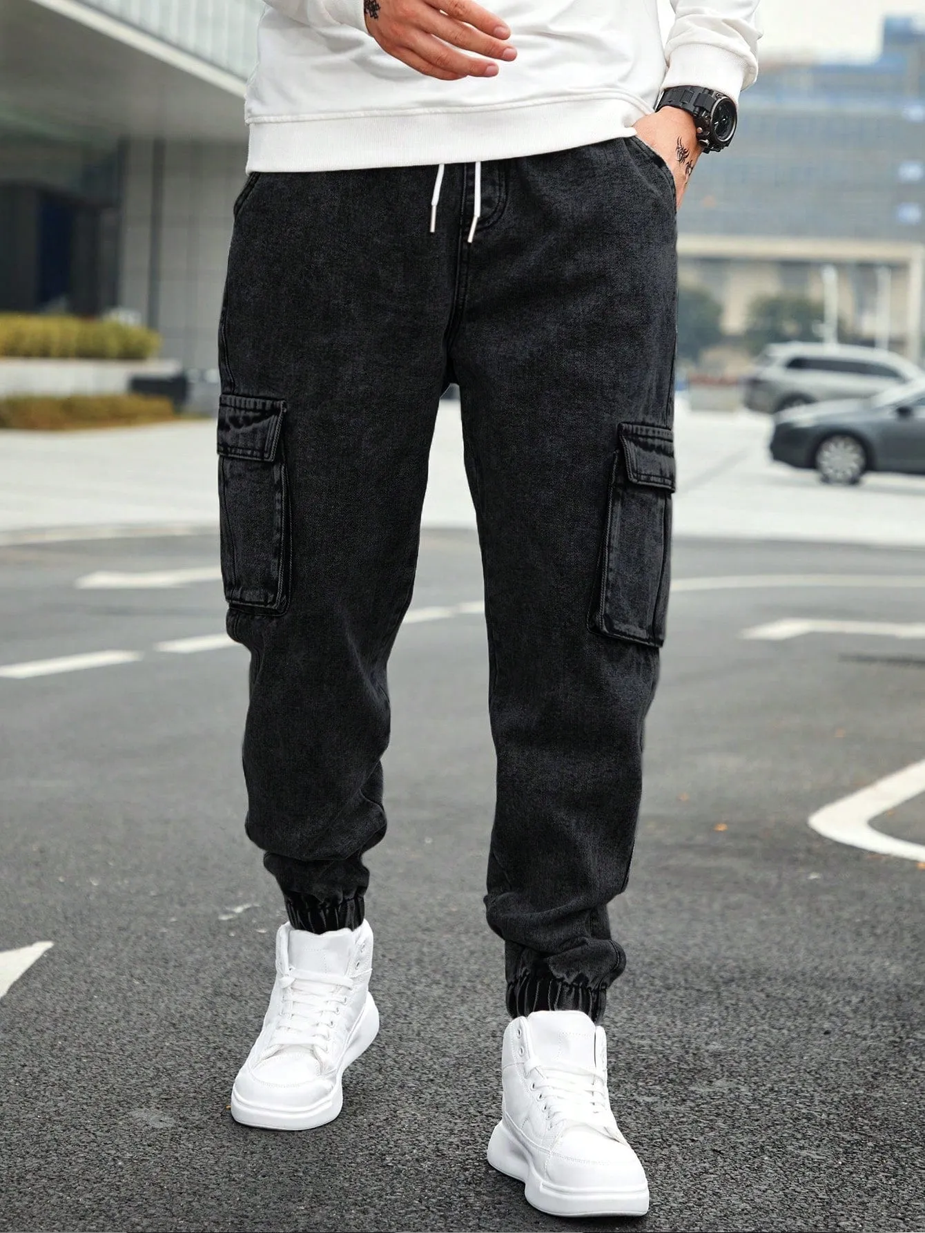 Men'S Drawstring Waist Cargo Denim Pants With Slanted Pockets