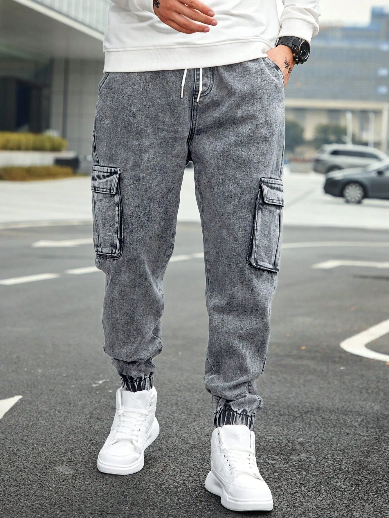 Men'S Drawstring Waist Cargo Denim Pants With Slanted Pockets