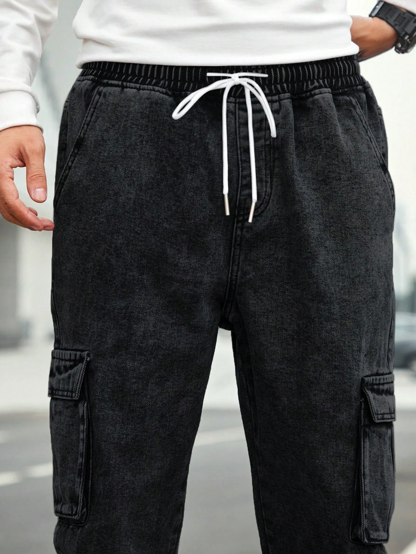 Men'S Drawstring Waist Cargo Denim Pants With Slanted Pockets