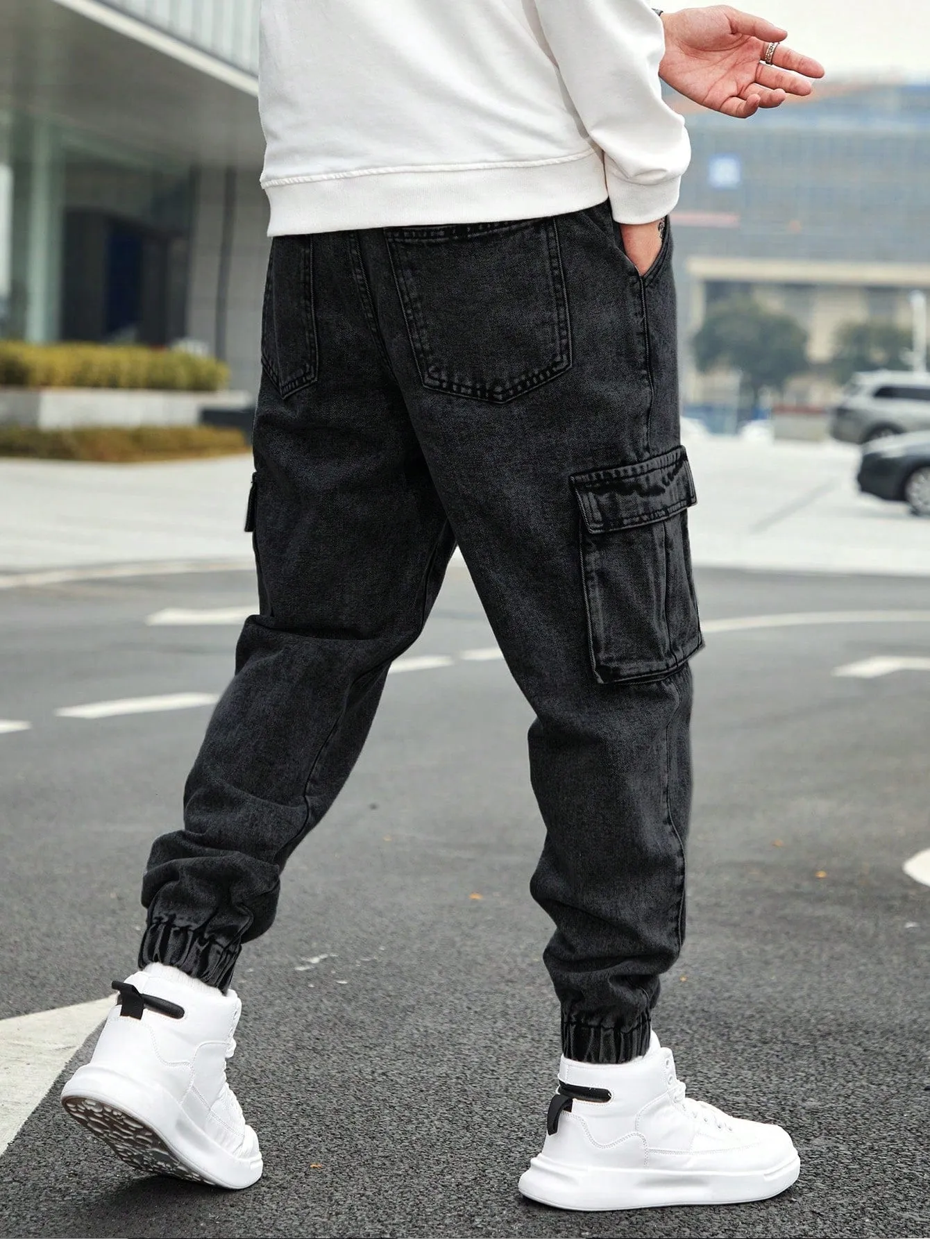Men'S Drawstring Waist Cargo Denim Pants With Slanted Pockets