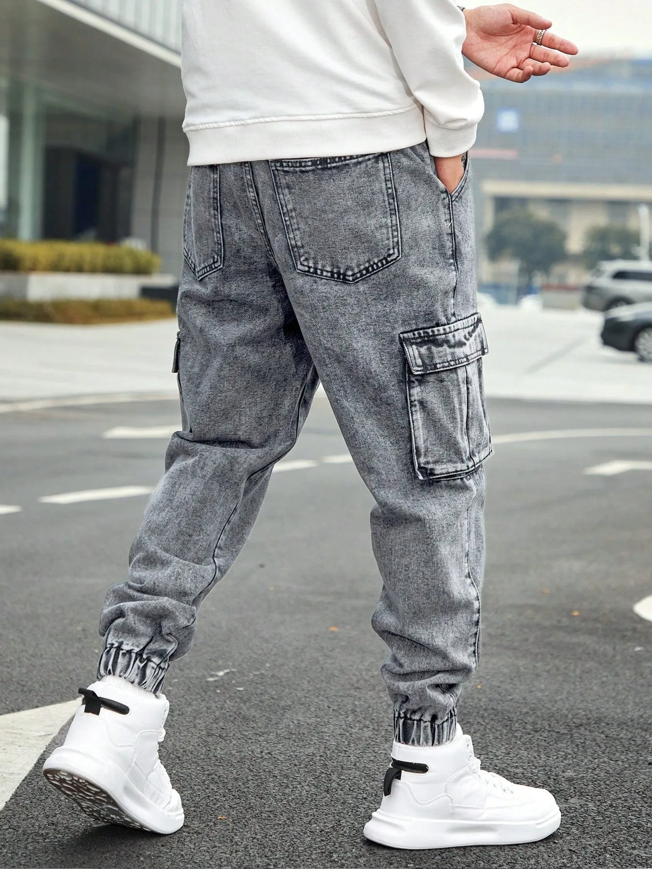 Men'S Drawstring Waist Cargo Denim Pants With Slanted Pockets