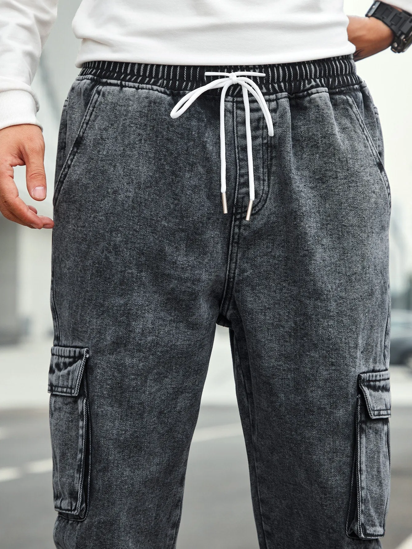 Men'S Drawstring Waist Cargo Denim Pants With Slanted Pockets