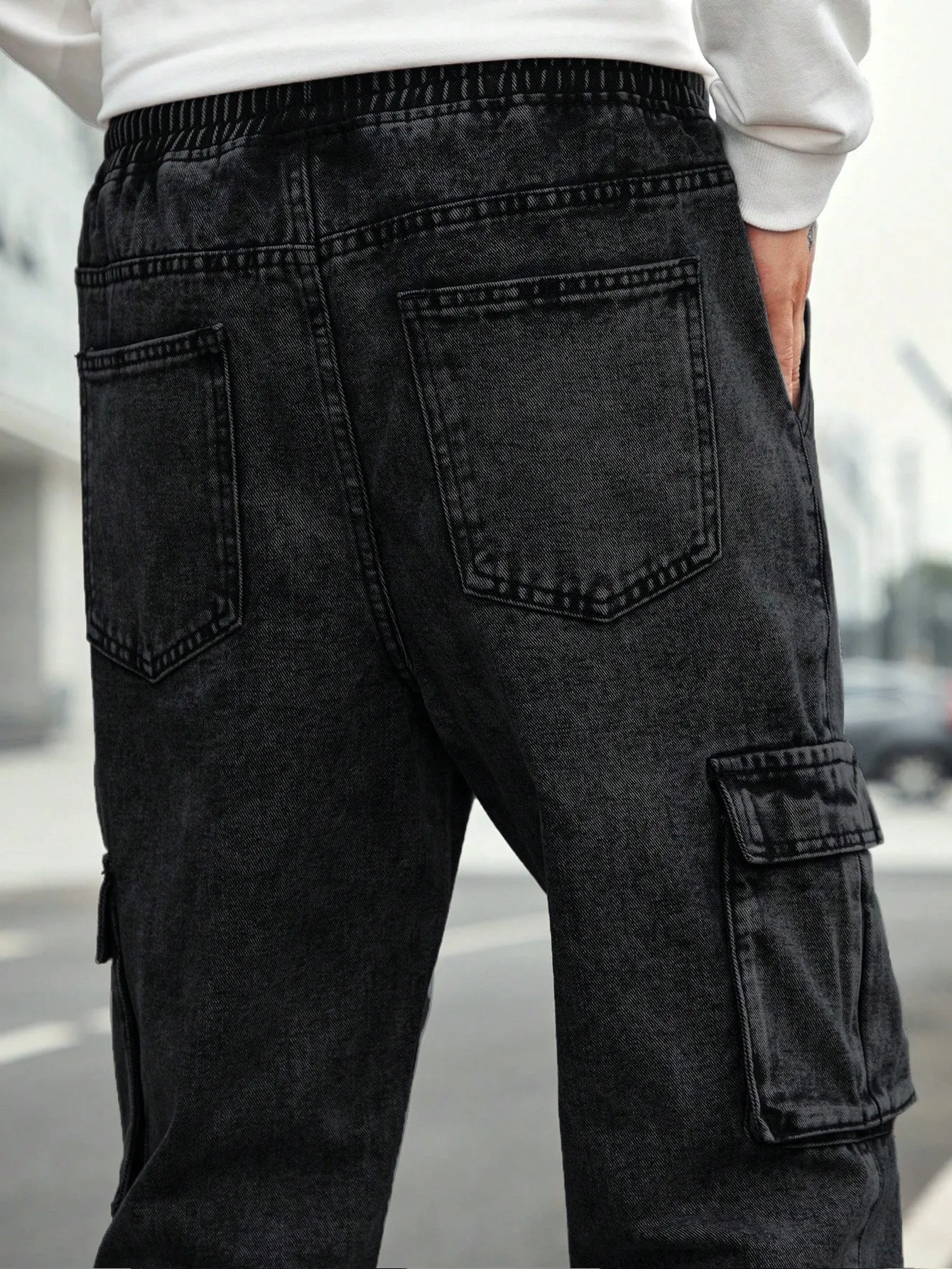 Men'S Drawstring Waist Cargo Denim Pants With Slanted Pockets