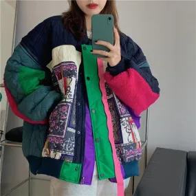 Vintage Aesthetic Colorful Patchwork Loose Bomber Jacket